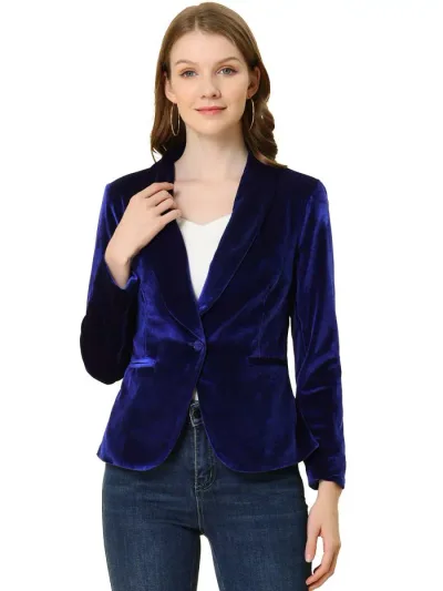 Allegra K ベルベット ブレザー コート ショール襟 ボタン留め オフィス 事務服 無地 レディース ロイヤルブルー S