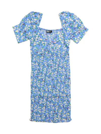 Allegra K 花柄ワンピース フローラルドレス ネクタイフロント スウィートハートネック レディース ブルー M