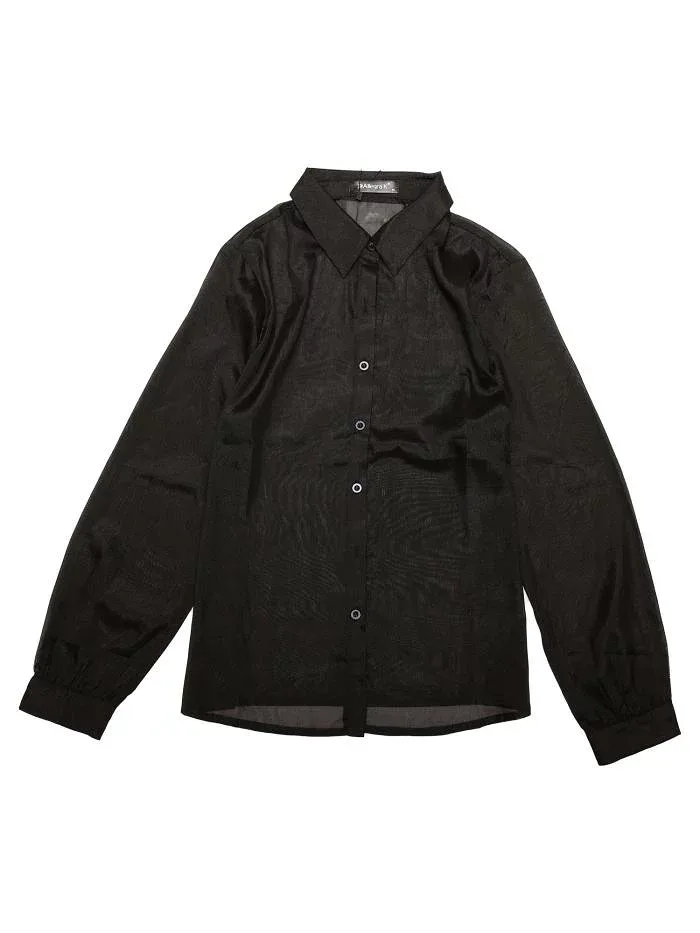 Allegra K 無地シャツ 長袖ブラウス トップス ポイントカラー ボタンダウン シャツ メッシュシアー レディース ブラック XS