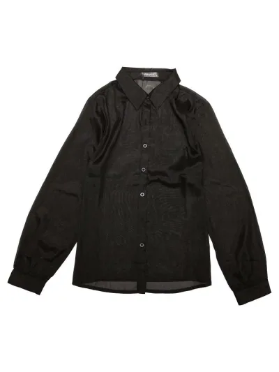 Allegra K 無地シャツ 長袖ブラウス トップス ポイントカラー ボタンダウン シャツ メッシュシアー レディース ブラック XS