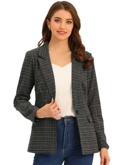 Allegra K ジャケット ブレザー 長袖 千鳥格子 ワンボタン ノッチドラペル レディース グレーブラック M