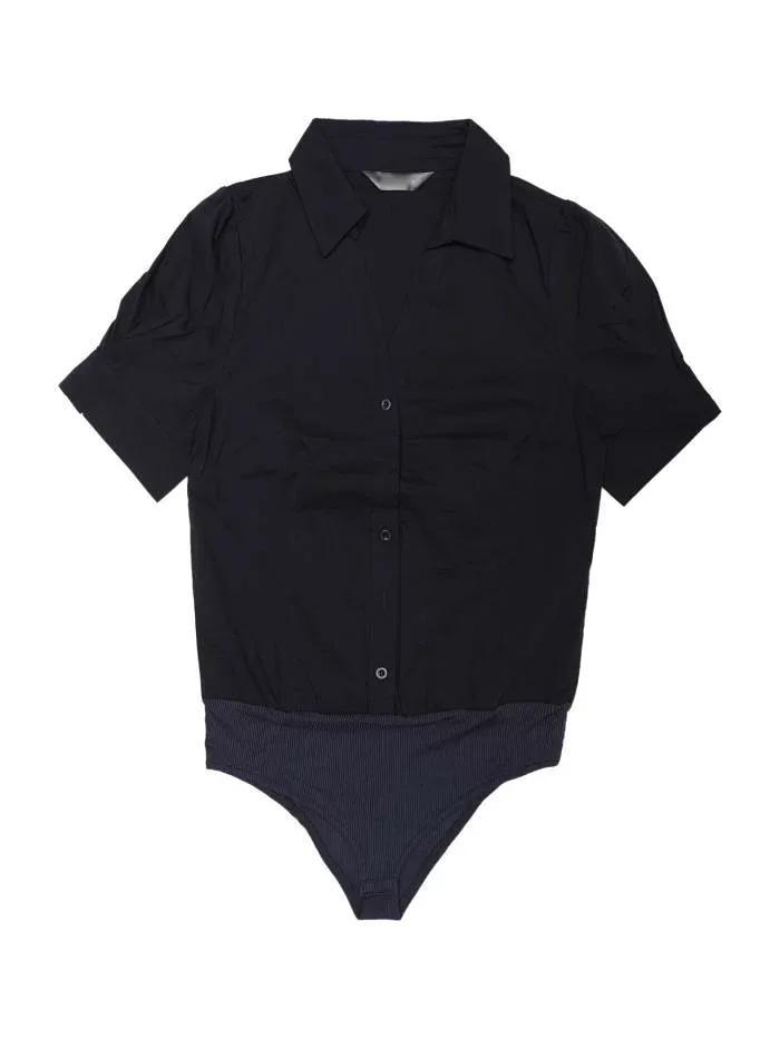 Allegra K ボディスーツ ブラウス シャツ ボタンダウン 半袖 レディース ネイビーブルー S