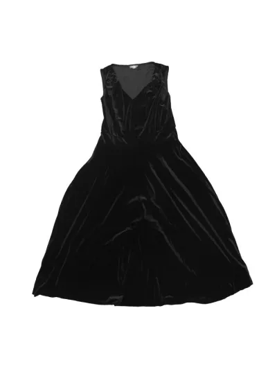 Allegra K レディース ノースリーブベルベットドレス プリーツ ハイウエスト Vネック Aラインミディドレス ブラック XS