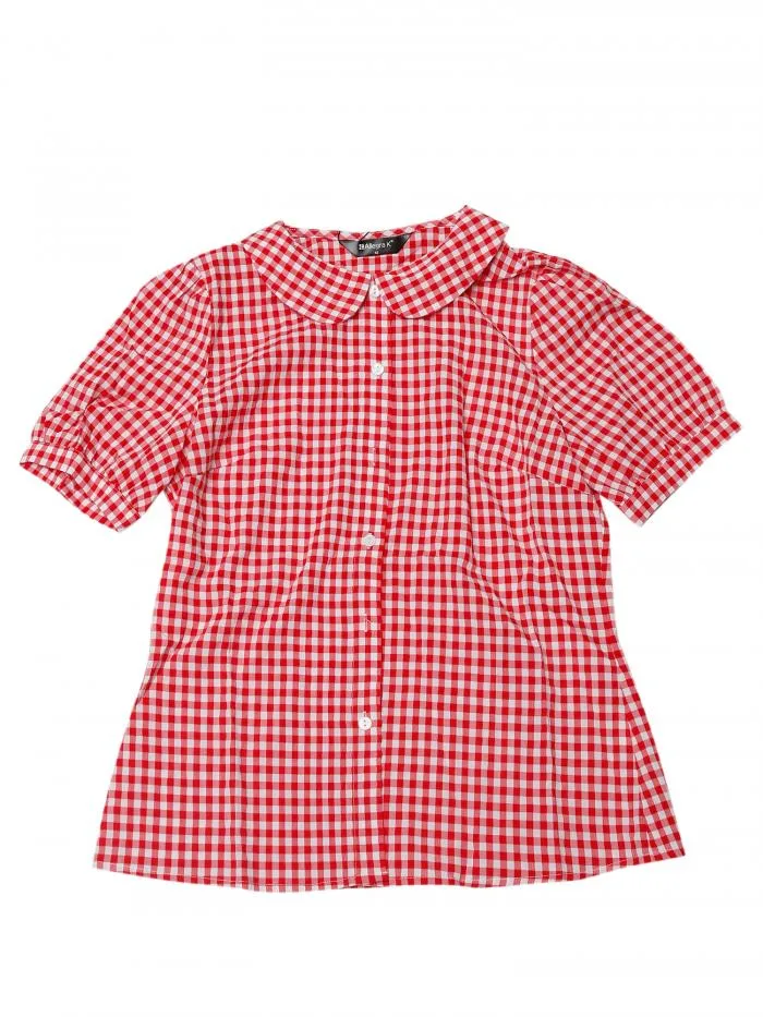 Allegra K チェックブラウス 丸襟 ボタンダウンシャツ パフ半袖 ギンガムトップス レディース レッド XS