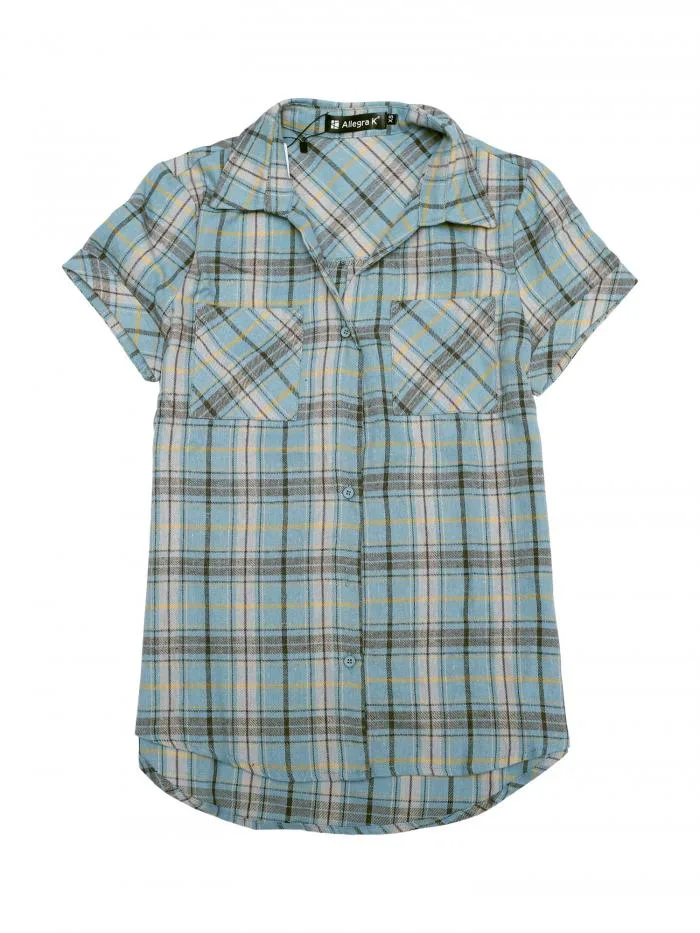 Allegra K Red Check Shirt Short Sleeve Flannel Women's Button Down Casual Summer Gray Blue L