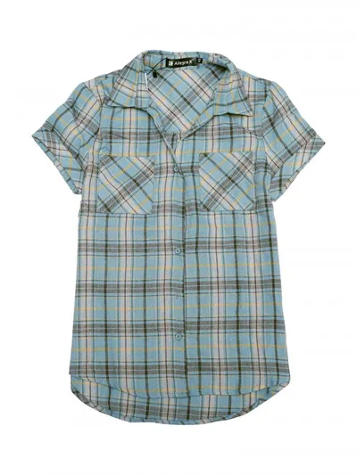 Allegra K Red Check Shirt Short Sleeve Flannel Women's Button Down Casual Summer Gray Blue L