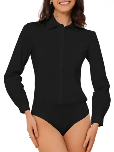 Allegra K レディース用 ボタンダウンシャツボディスーツ 長袖レオタードシャツ ビジネス ワークカラーボディスーツ トップス ワイシャツ ブラック M