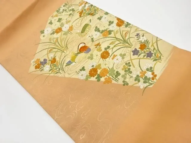 流水に鴛鴦・花々模様織出し名古屋帯【リサイクル】【中古】【着】 宗sou(prc)