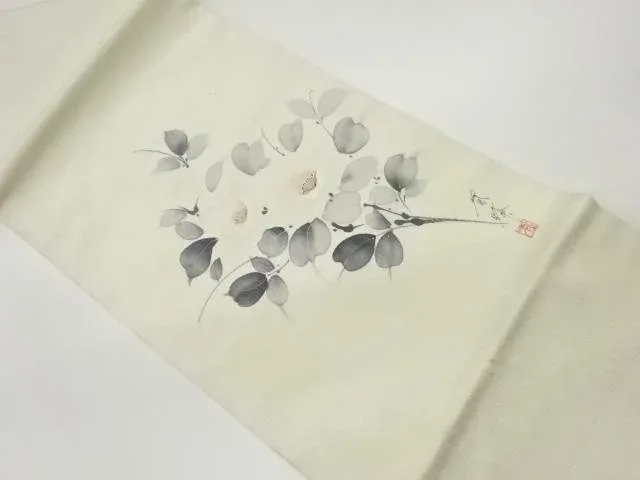 作家物 手描き椿模様名古屋帯【中古】【着】 宗sou