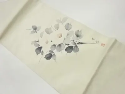 作家物 手描き椿模様名古屋帯【中古】【着】 宗sou