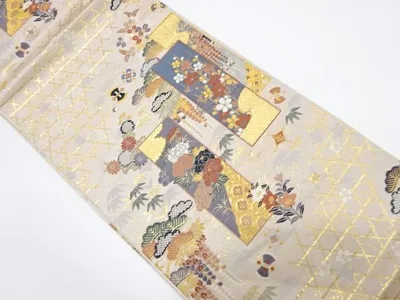短冊に牡丹・松模様織出し袋帯【中古】【着】 宗sou