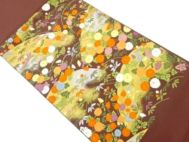 山並みに万寿菊模様織出し袋帯【中古】【着】 宗sou