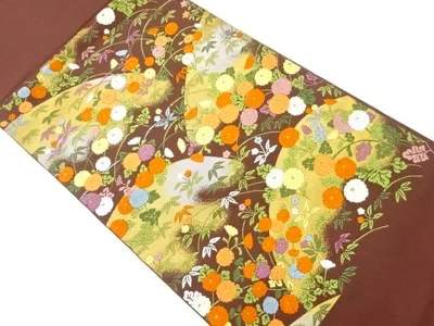 山並みに万寿菊模様織出し袋帯【中古】【着】 宗sou