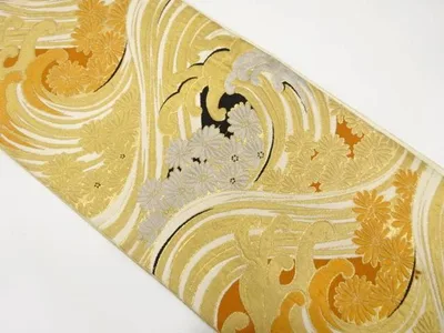 荒波に菊模様織り出し袋帯(材料)【アンティーク】【中古】【着】 宗sou