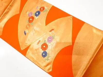 地紙に菊模様織り出し袋帯(材料)【アンティーク】【中古】【着】【袋帯】 宗sou