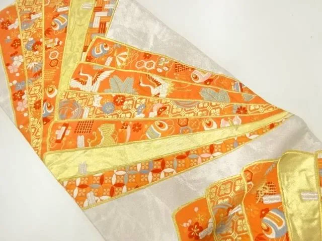 松扇に鶴・宝尽くし模様織出し袋帯(材料)【アンティーク】【中古】【着】【袋帯】 宗sou