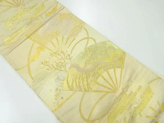 檜扇に流水・草花模様織出し袋帯(材料)【アンティーク】【中古】【着】【袋帯】 宗sou