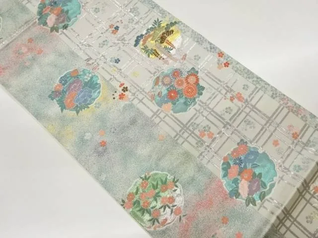 格子に雪輪・花々模様織出し袋帯【中古】【着】【袋帯】 宗sou