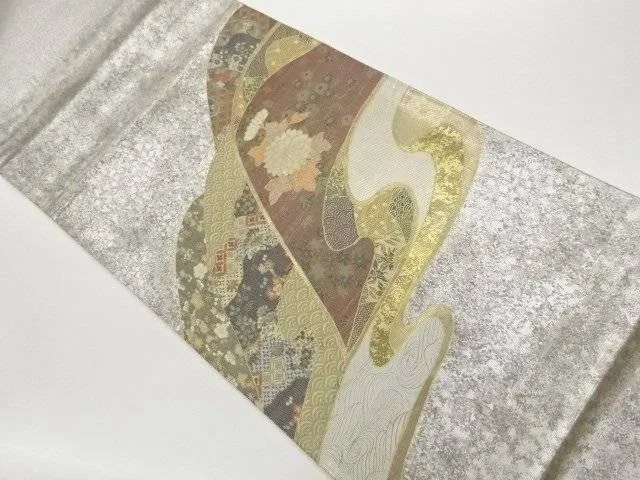 螺鈿 金彩 山並に花々・流水模様織り出し袋帯【中古】【着】【袋帯】 宗sou