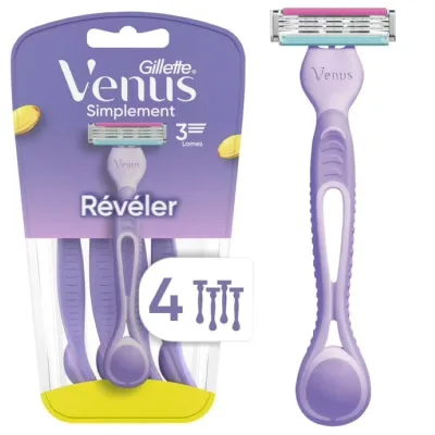 ジレットヴィーナス シンプリー リビール 女性用3枚刃使い捨てカミソリ ビタミンE配合 4本入り パープル Venus Simply Reveal Women's 3 Blade Disposable Razor with Vitamin E, 4 Count, Purple 【お取り寄せ商品】
