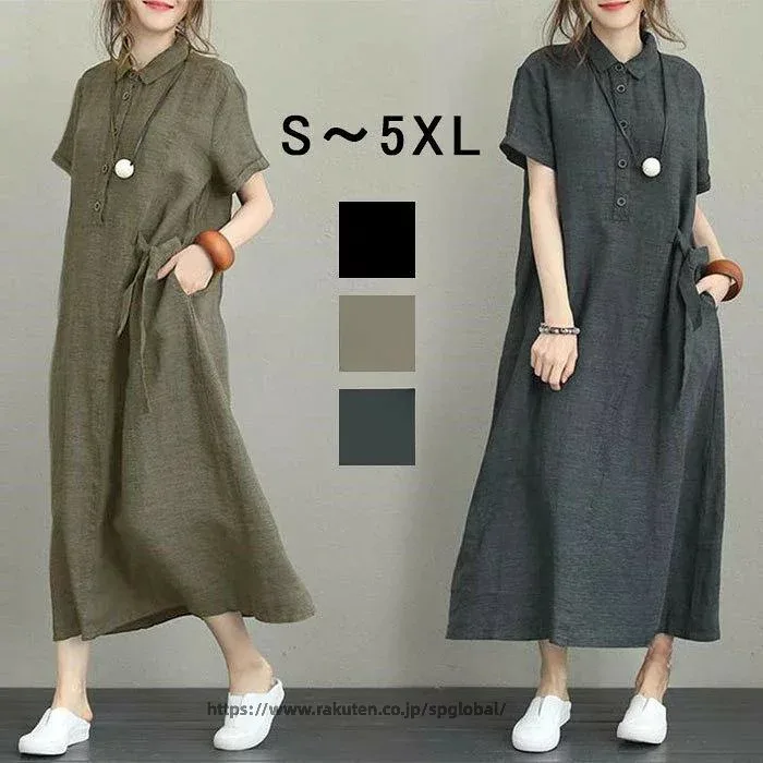 レディース シャツ ワンピース 半袖 綿 麻 春夏 ロング ワンピース 大きい サイズ S M L XL 2XL 3XL 4XL 5XL きれいめ コーデ 体型 カバー マタニティ ロング丈 ゆったり 送料無料