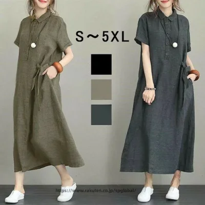 レディース シャツ ワンピース 半袖 綿 麻 春夏 ロング ワンピース 大きい サイズ S M L XL 2XL 3XL 4XL 5XL きれいめ コーデ 体型 カバー マタニティ ロング丈 ゆったり 送料無料