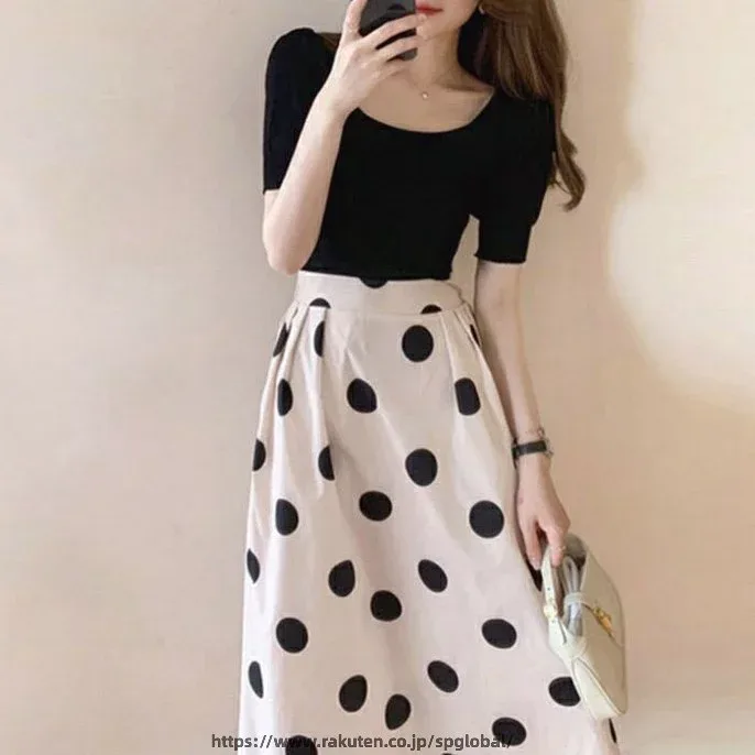 セットアップ スカート トップス レディース きれいめ カジュアル 大人可愛い 春 秋 夏 半袖 Tシャツ カットソー 水玉 ドット フレアスカート ベージュ ブラック 黒 20代 30代 40代 50代 S M L XL