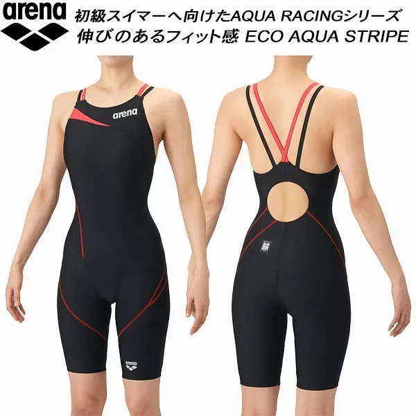 【全品ポイント2倍&最大8%OFFクーポン】アリーナ arena レディース 競泳水着 WA承認 ハーフスパッツ ダブルストラップ ECO AQUA STRIPE アクアストライプ AS6SRC56L BKRD