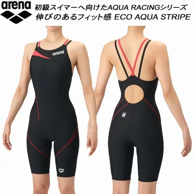 【全品ポイント2倍&最大8%OFFクーポン】アリーナ arena レディース 競泳水着 WA承認 ハーフスパッツ ダブルストラップ ECO AQUA STRIPE アクアストライプ AS6SRC56L BKRD