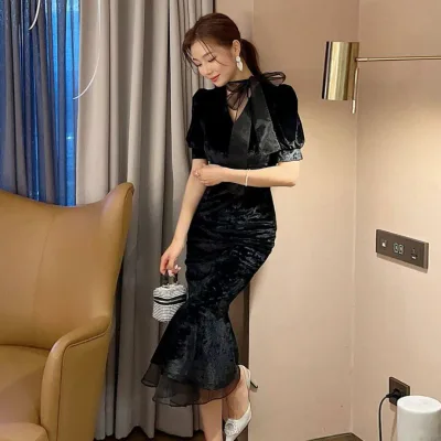 袖あり 5分袖レースドレス 冬【S~XL】【ブラック】 秋 袖あり ワンピ フォーマル ロング丈 ロングワンピース 結婚式ワンピース