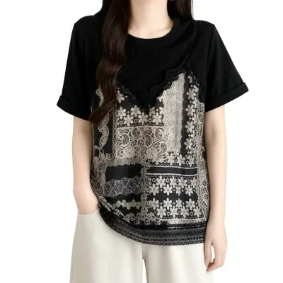 【重ね着風】Tシャツ レディース 半袖 フェイクレイヤード トップス レース 花柄 切り替え カットソー チュニック 大人可愛い レトロ カジュアル ゆったり 体型カバー 着痩せ 二の腕カバー プルオーバー 異素材 ドッキング きれいめ ヴィンテージ風 春 夏 通勤 OL