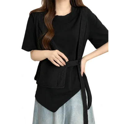 【モードな重ね着】 Tシャツ レディース 半袖 カットソー トップス 重ね着風 レイヤード風 アシンメトリー アシメ 異素材 ドッキング ベスト風 デザイン クルーネック ゆったり 体型カバー 着痩せ 細見え 二の腕カバー お尻隠れる 大きいサイズ カジュアル 大人可愛い