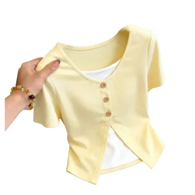 【レイヤード風】カットソー レディース 半袖 重ね着風 トップス Tシャツ ドッキング フェイクレイヤード Uネック フロントボタン プルオーバー ショート丈 クロップド 伸縮性 着痩せ 細見え 体型カバー 涼しい カジュアル きれいめ 大人可愛い 通勤 春 夏 韓国風