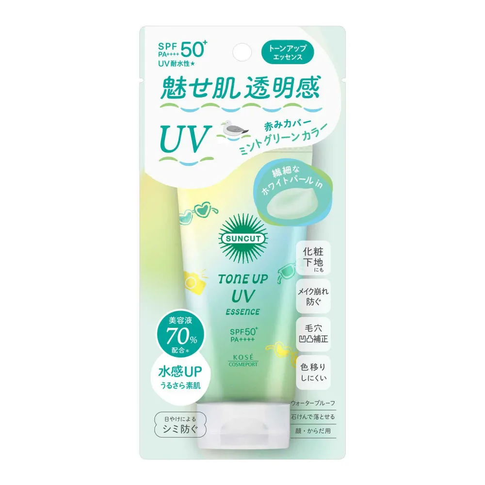 サンカット トーンアップUV エッセンス ミントグリーン SPF50+/PA++++ 80g *コーセー/UVカットしながら、色と光の効果で素肌をキレイに魅せるトーンアップ日やけ止め美容液/美容液70%配合でうるさら素肌へ/赤みをカバーして透明美肌へ導く/SUNCUT/UVケア 紫外線対策