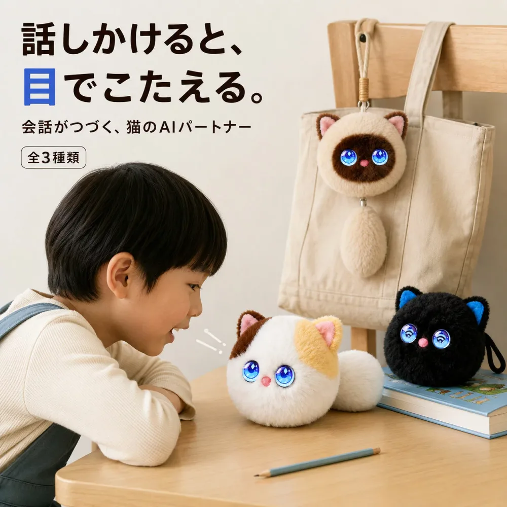 AI stuffed animal with ChatGPT, electric robot, electronic pet, responds with eyes when spoken to, key chain, cat, conversation robot, voice recognition, supports 66 languages, English learning, educational toy, emotional expression, stroking reaction, monitoring function, app-linked, birthday present, gift, calico cat, black cat, Siamese cat, 3 types in total