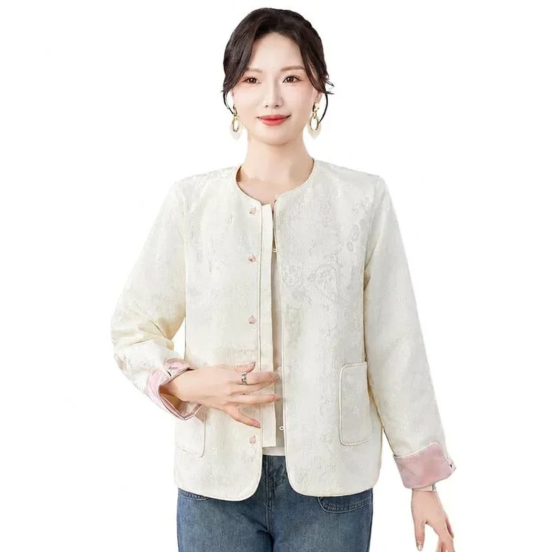 チャイナ風ジャケット レディース ノーカラー アウター ジャガード 織柄 体型カバー 長袖 春秋 レトロ エレガント 中華 羽織り 大きいサイズ ゆったり カーディガン