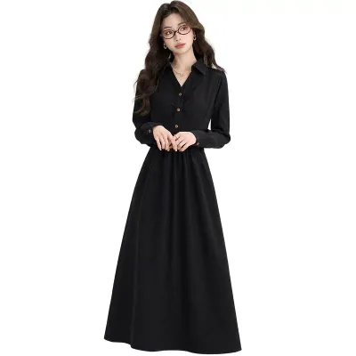 レディース ロングシャツワンピース 長袖 襟付き Vネック 前開き ギャザー ハイウエスト Aライン 着痩せ 体型カバー 大人可愛い きれいめ オフィスカジュアル 通勤 お出かけ