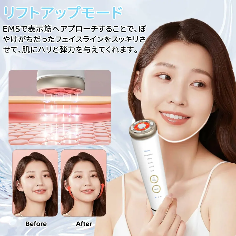 美顔器 美容器 RF温冷美顔器 リフトアップ イオン導出 イオン導入 EMS 微電流 温冷ケア 冷感機能 光エステ 1台多役 6種類モード 3段階レベル 音波振動 目元 口元ケア 肌ケア フェイスケア 毛穴 汚れとり USB充電式 自宅用美顔器 多機能美容器