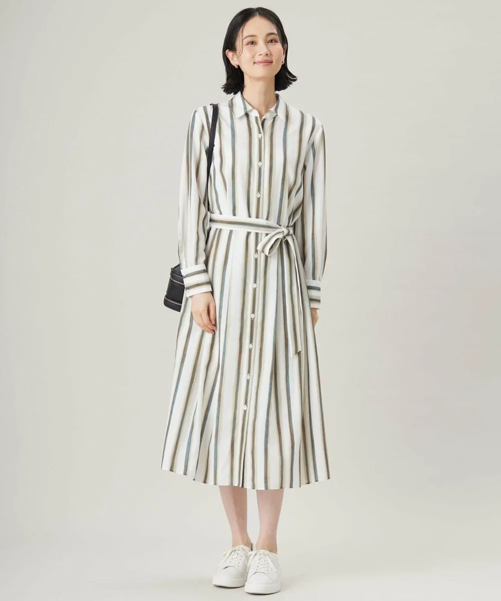 【SALE/30%OFF】自由区 【カタログ掲載・洗える】ストライププリント ワンピース ジユウク ワンピース・ドレス シャツワンピース ベージュ ブルー【送料無料】