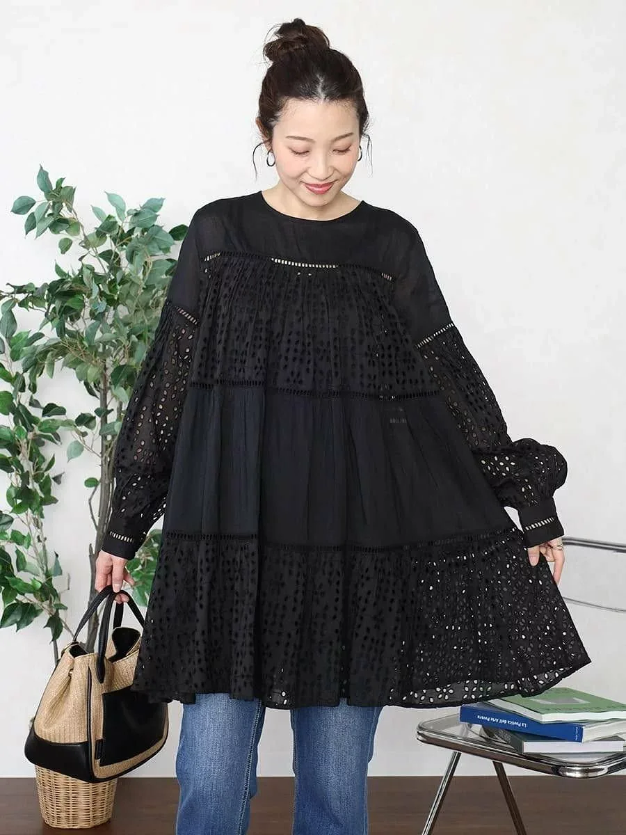 【SALE/60%OFF】Vin カットワークレースティアードチュニック ヴァン ワンピース・ドレス チュニック ホワイト ブラック【送料無料】