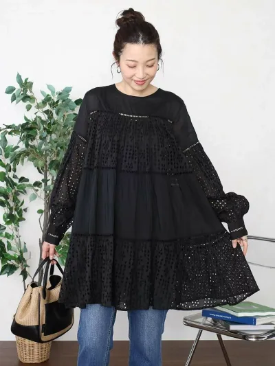 【SALE/60%OFF】Vin カットワークレースティアードチュニック ヴァン ワンピース・ドレス チュニック ホワイト ブラック【送料無料】