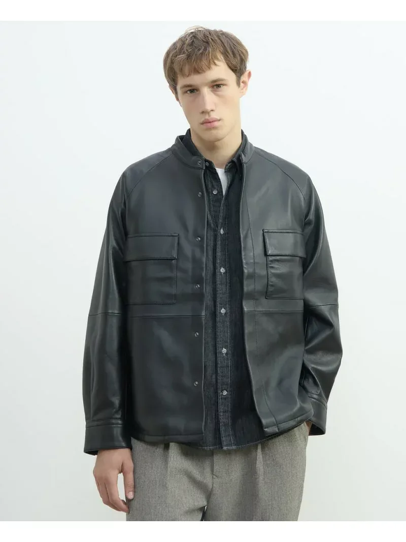 MEN'S MELROSE シープナッパレザー シャツジャケット メンズメルローズ ジャケット・アウター ミリタリージャケット ブラック【送料無料】
