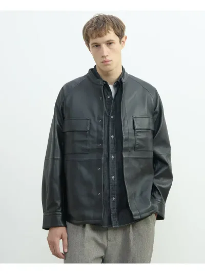 MEN'S MELROSE シープナッパレザー シャツジャケット メンズメルローズ ジャケット・アウター ミリタリージャケット ブラック【送料無料】