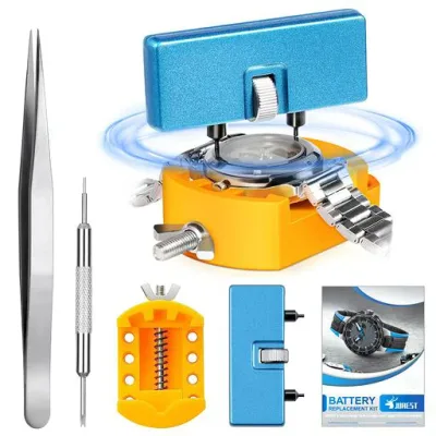 【JOREST】腕時計 電池交換 工具、時計 裏蓋オープナーを回転させると時計カバーが開きます、腕時計 裏蓋外し、ウォッチオープナー、時計固定ホルダー、ピンセット、取扱説明書(英語版)