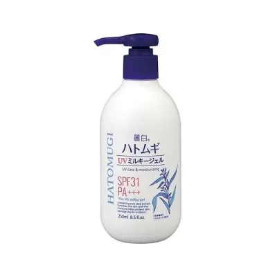 麗白ハトムギ UVミルキージェル SPF31 PA+++ ポンプタイプ 250ml 日焼け止め 汗 ジェルタイプ 無香料 無着色 顔 からだ 紫外線 日本製 保湿 熊野油脂