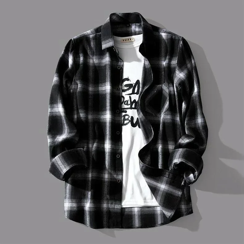 2025春秋メンズ服 シンプル チェック柄 ワイシャツ ins人気 トップス コート 韓国風 長袖Tシャツ