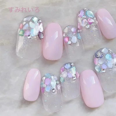 ネイルチップ つけ爪 デザイン かわいい ショート ロング シンプル 成人式 nail プレゼント 母 短い爪 小さい爪 大きい爪 ベリーショート ちび爪 結婚式 ウェディング 付け爪 ジェルネイル【1519】ベビーピンク ドロップシェルストーン