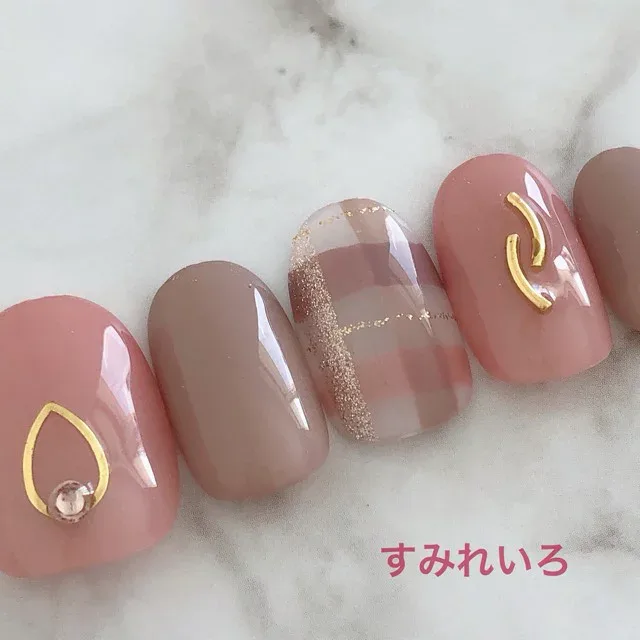 ネイルチップ つけ爪 デザイン かわいい ショート ロング ブライダル 春ネイル nail プレゼント 短い爪 小さい爪 大きい爪 ベリーショート ちび爪 ボタニカル くすみネイル 付け爪 押し花 ジェルネイル【1631】くすみピンクチェックゴールドジュエル b/f