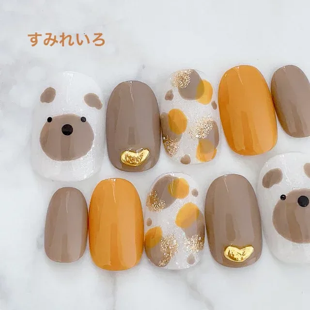 ネイルチップ つけ爪 ブライダルネイル かわいい ショート ロング デザイン 夏ネイル nail プレゼント 短い爪 小さい爪 大きい爪 ベリーショート ちび爪 大人ネイル 付け爪 オフィスネイル シンプル【1855】くまちゃんアニマルマスタードブラウン