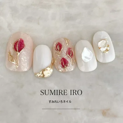 ネイルチップ つけ爪 ブライダルネイル ショート ロング デザイン 夏ネイル nail 成人式 短い爪 小さい爪 大きい爪 ベリーショート ちび爪 春ネイル 付け爪 オーダーネイル お花【2021】レッド系チューリップゴールドミラー